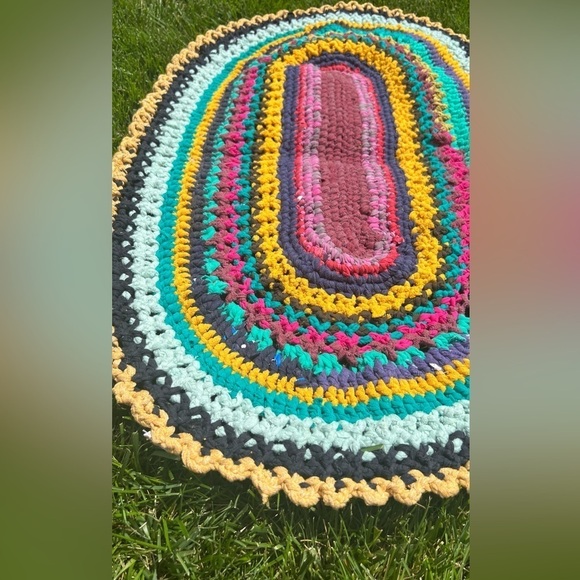 HANDMADE crochet upcycled recycled bohemian multicolor mat  Sz 35" by 21 - Picture 1 of 8